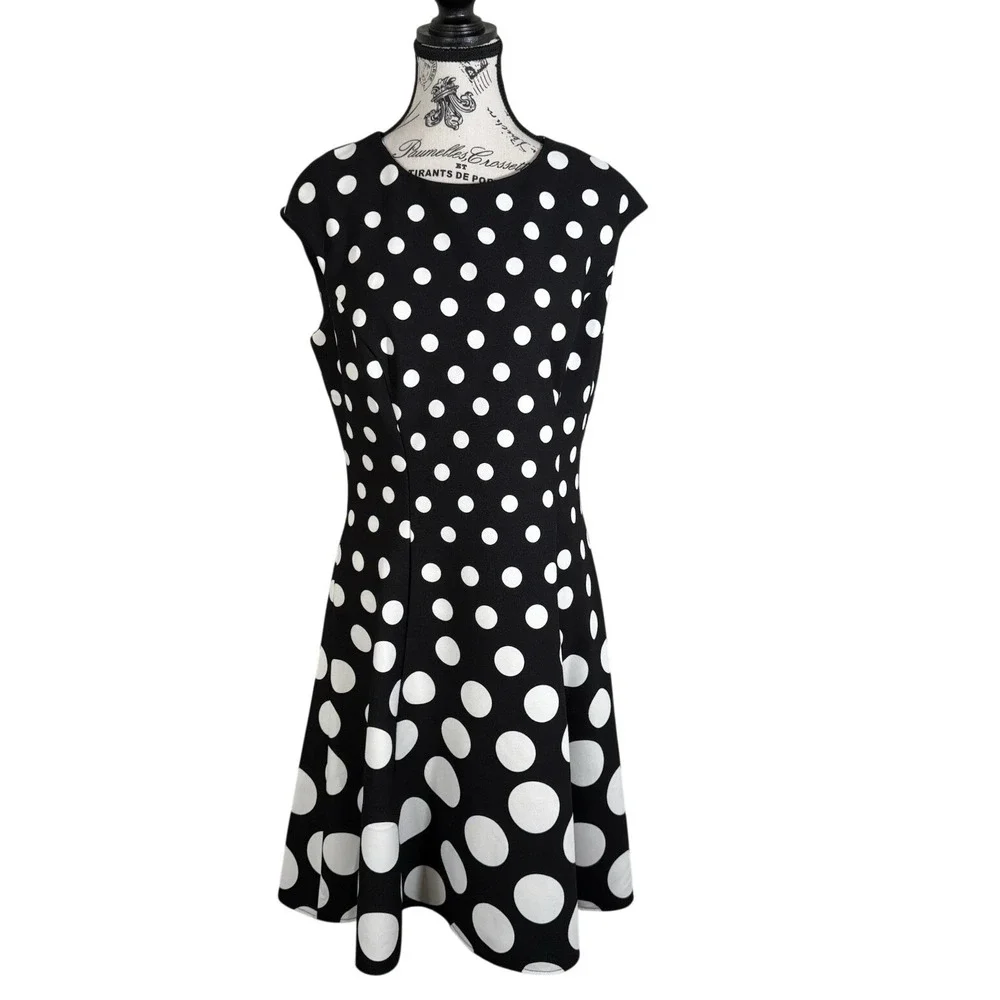London Times Women's Size 10 Black & White Polka Dot Fit & Flare Dress